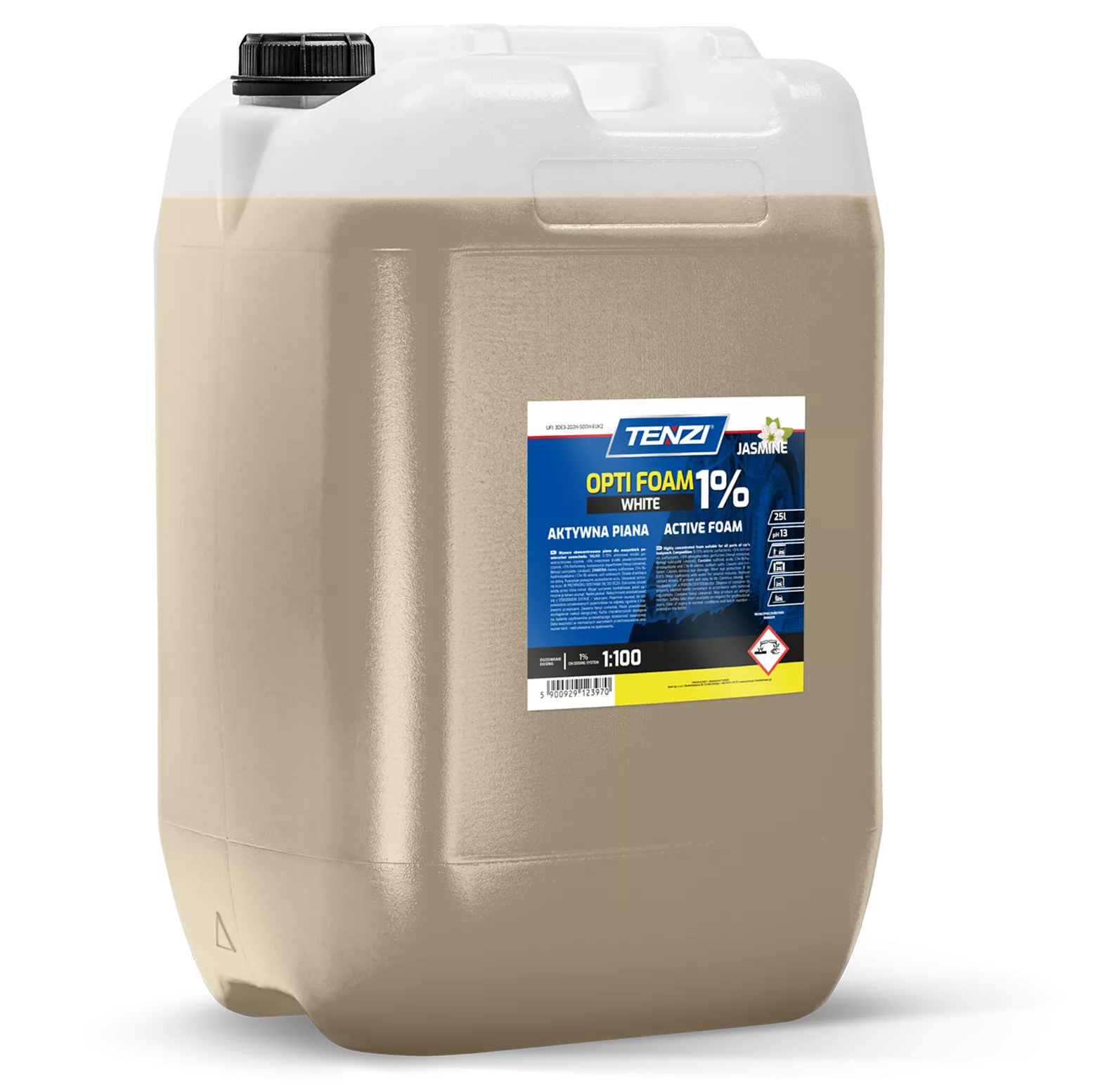 opti-foam-white-1-jasmine-25l TENZI OPTI FOAM WHITE 1% JASMINE - OPTI FOAM WHITE 1% - Actieve schuim voor autowas - Geconcentreerd - Jasmijngeur – 25L - Afbeelding 1